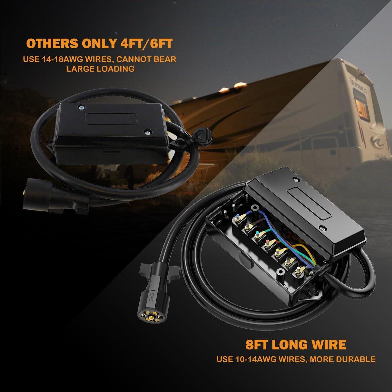 7 Way Trailer Cord, 7 Pin Trailer Plug with 7 Gang Junction Box, 8 Feet Trailer Connector Cable Wiring Harness with Waterproof Junction Box for RV Trailer Truck Camper Caravans Food Vans