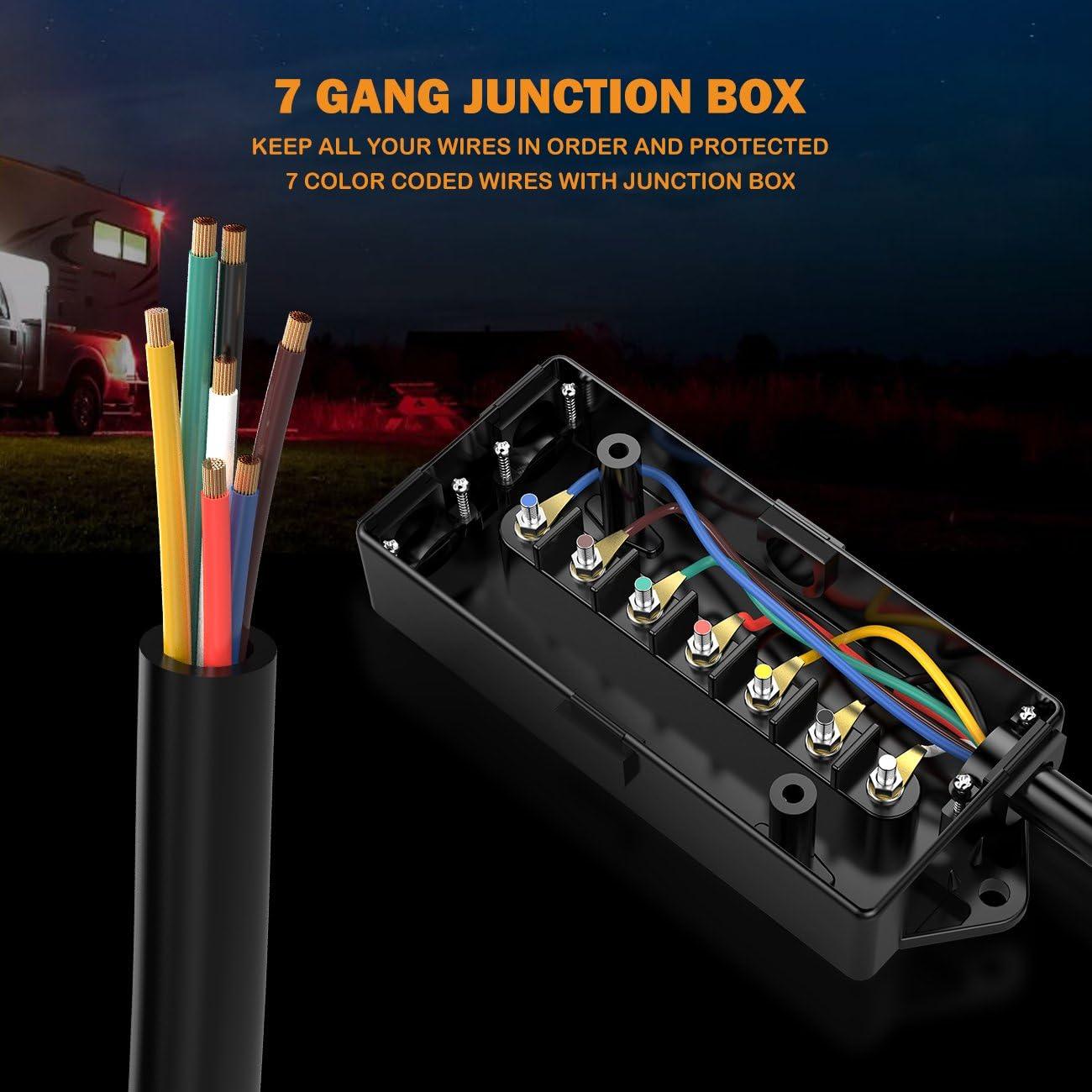 7 Way Trailer Cord, 7 Pin Trailer Plug with 7 Gang Junction Box, 8 Feet Trailer Connector Cable Wiring Harness with Waterproof Junction Box for RV Trailer Truck Camper Caravans Food Vans