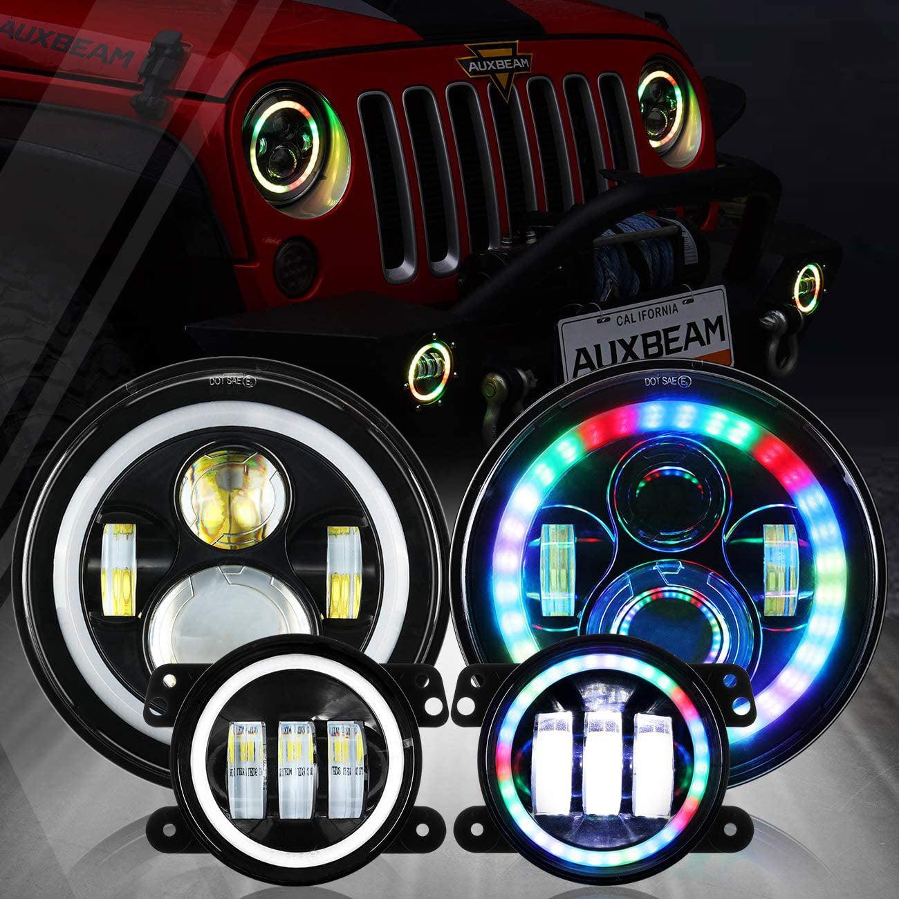 RGB 7 Inch Headlight + 4 Inch Fog Light Combo for Jeep Wrangler JK TJ LJ CJ 1997-2018, Bluetooth Multi-color