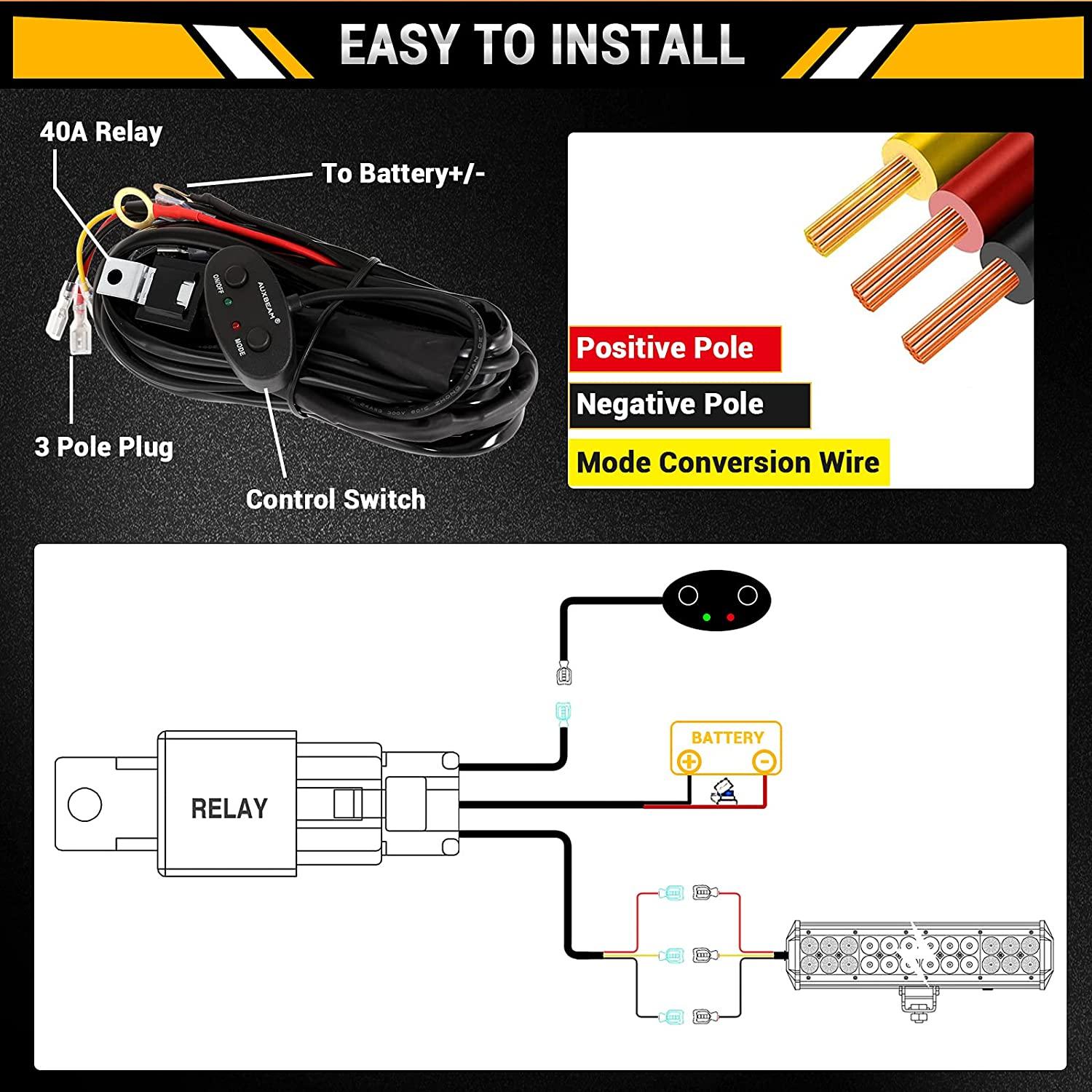 Wiring Harness 10FT, Customized for AUXBEAM 6 Modes LED Light Bar, 12V 40A Relay for Switching Between Different Modes  – éclairage LED auto