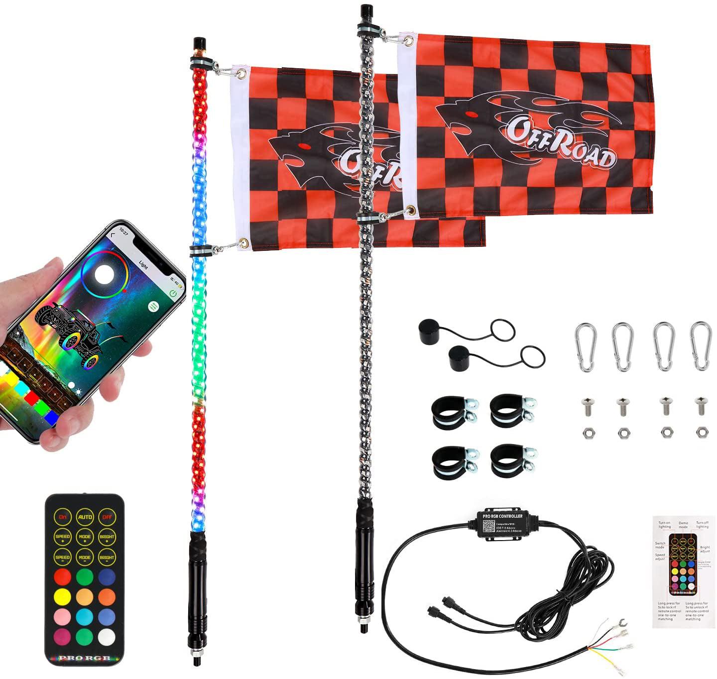 3FT/4FT LED RGB Whip Lights with Bluetooth/ Remote Controlled & Black Universal Flagpole Light Mount  for all UTVs with 1.75" to 2" Roll Cage