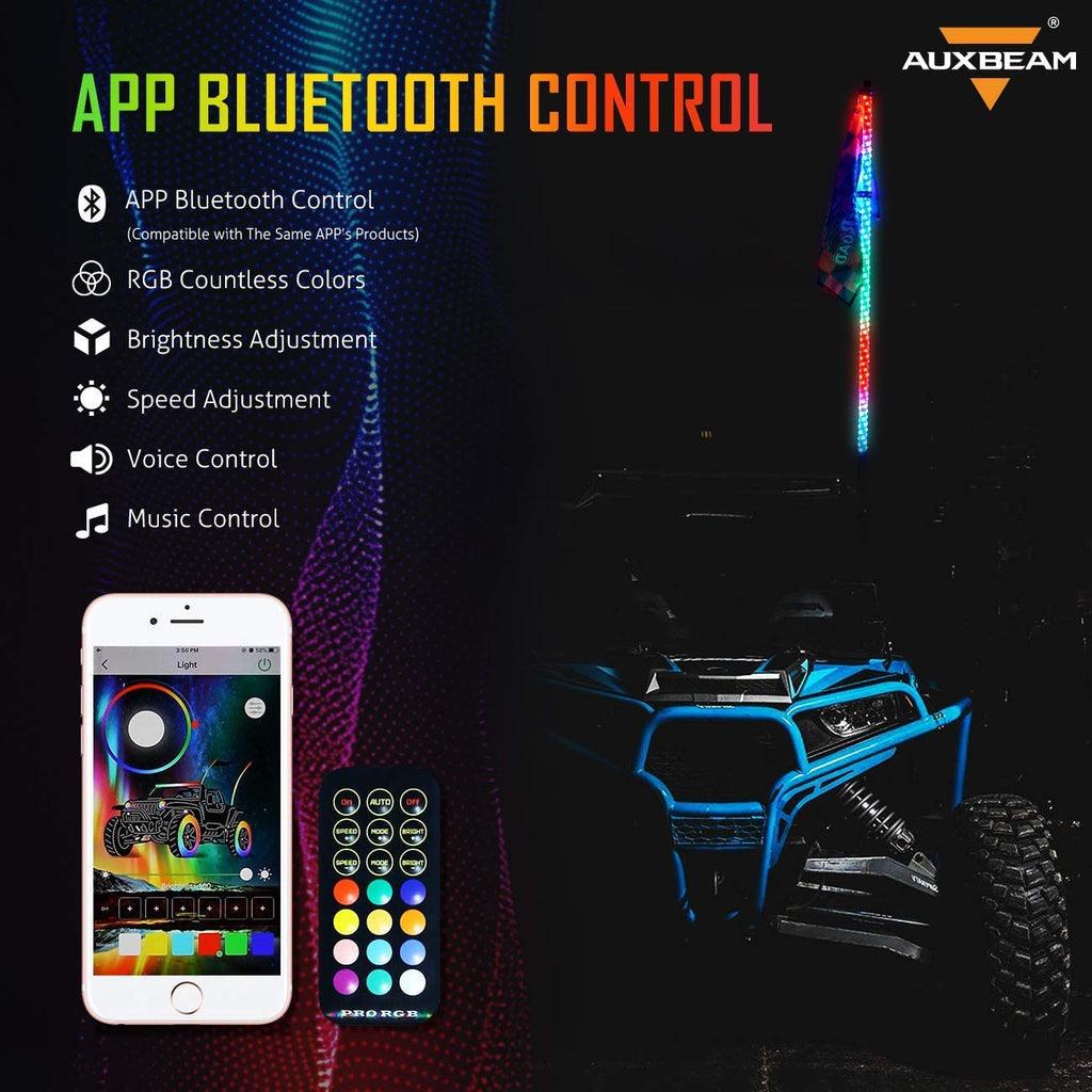 2Pcs 4FT RGB LED Whip Lights with Turn Signal & Brake Light + RGB LED Rock Lights Set with Bluetooth Controlled