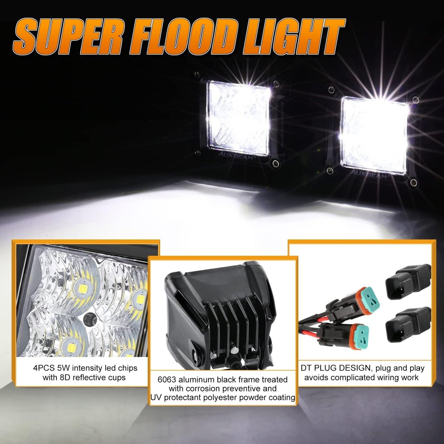 3 Inch Spot/Flood Beam LED Pods Light + Universal LED Working Lights Mounting Brackets