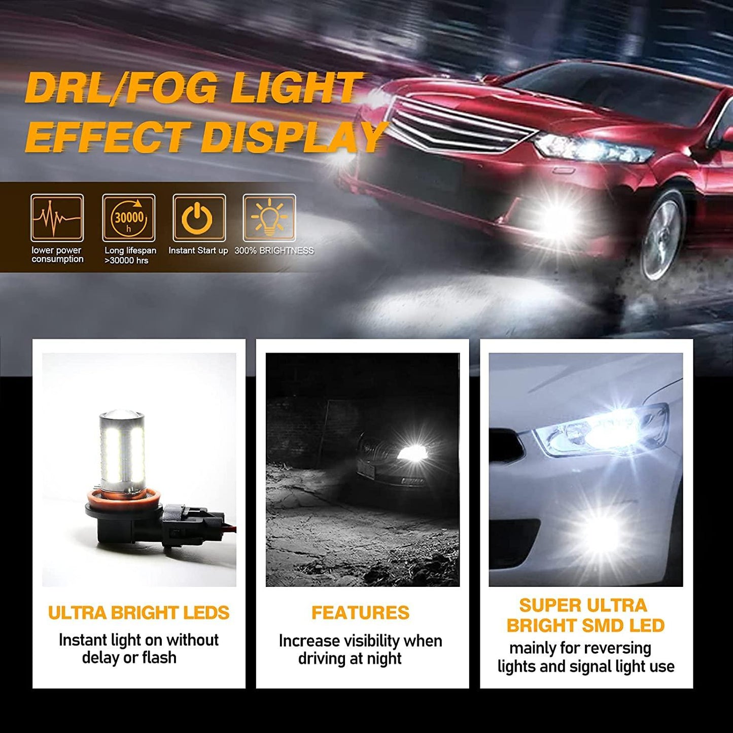 مصابيح ضباب LED H11 H9 H8 H16JP/DRL، 50 واط، 4000 لومن، 6500 كلفن، بيضاء، سلسلة 33LED | مصباحان