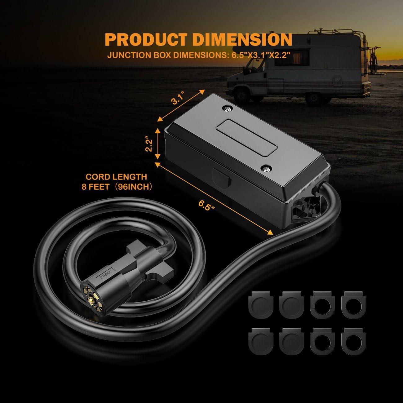 7 Way Trailer Cord, 7 Pin Trailer Plug with 7 Gang Junction Box, 8 Feet Trailer Connector Cable Wiring Harness with Waterproof Junction Box for RV Trailer Truck Camper Caravans Food Vans