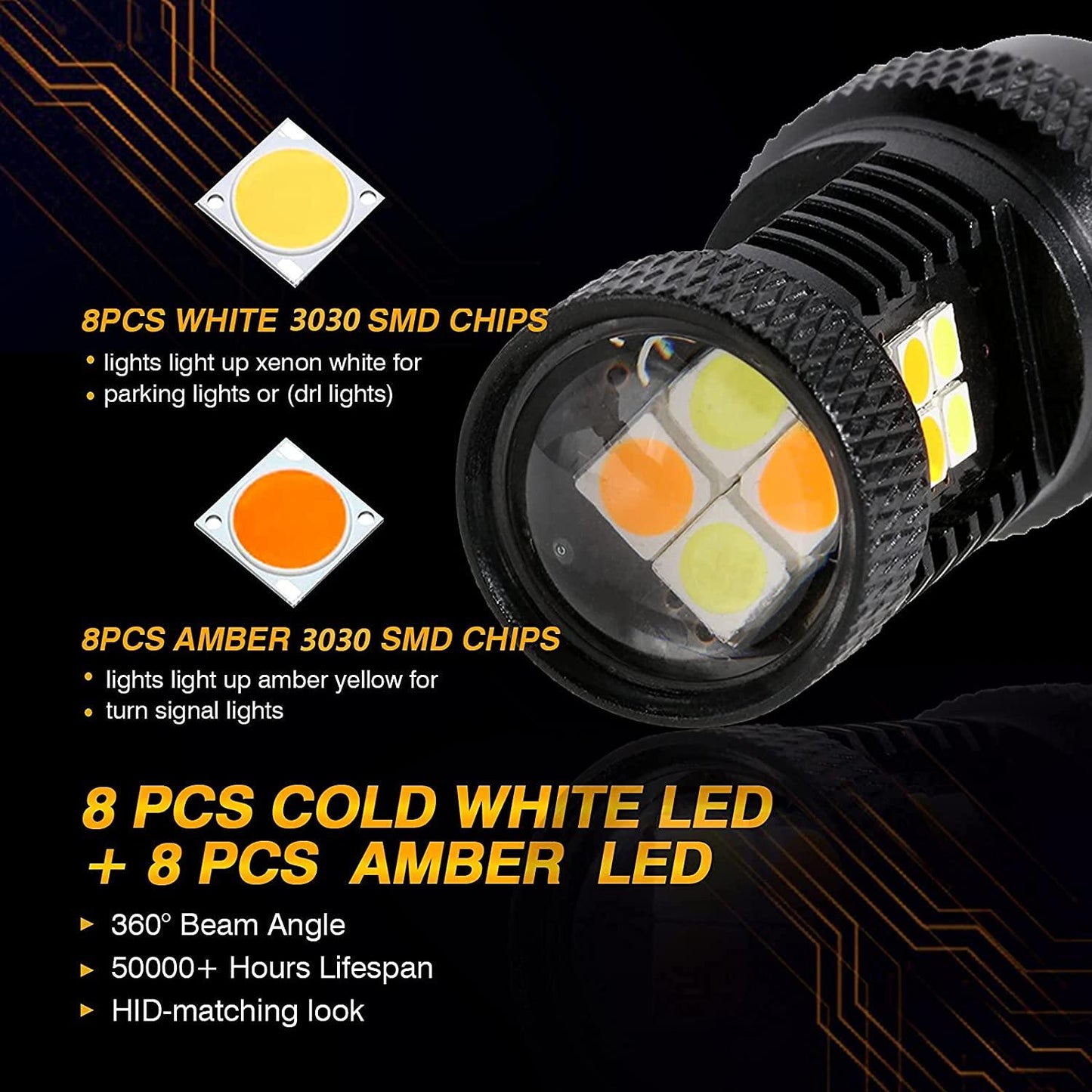 مصابيح LED أمامية T25 3157 3156، مصابيح LED لإشارة الانعطاف والإضاءة النهارية، سطوع عالي بنسبة 300%، ثنائية اللون، أبيض وكهرماني | مصباحان 