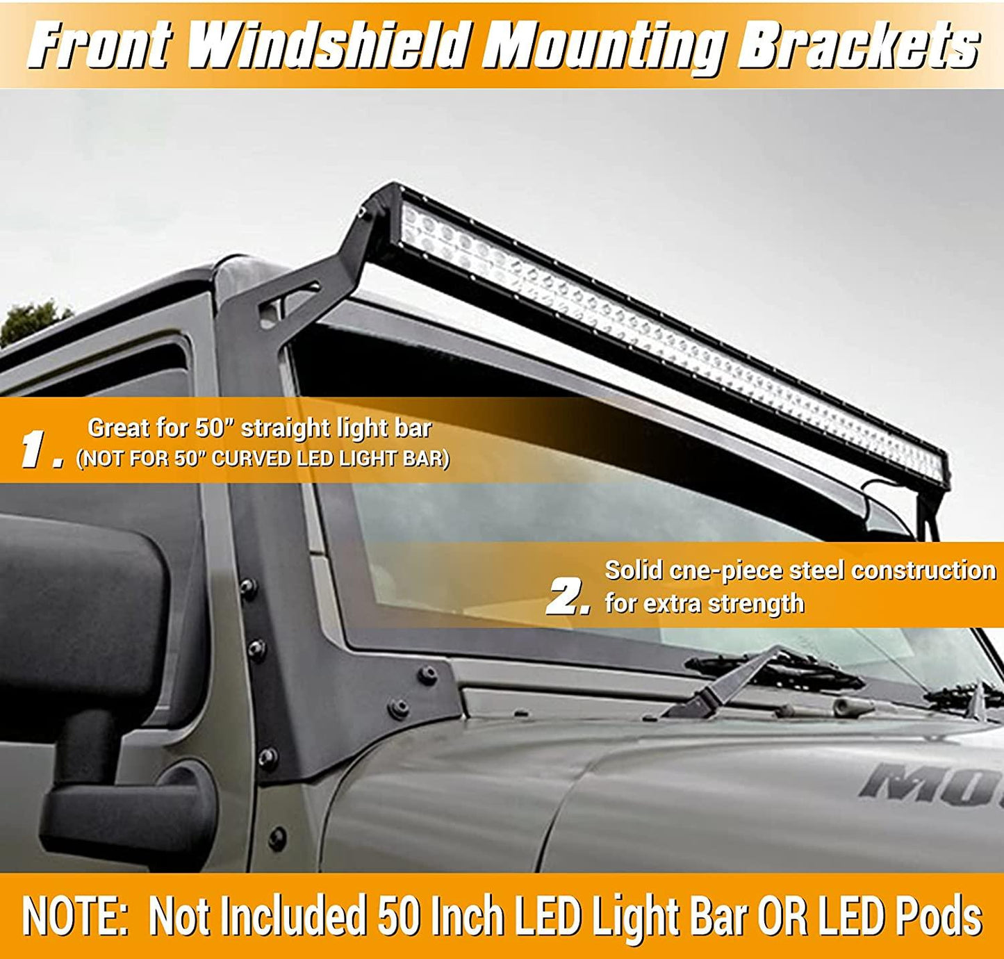 50" Straight Light Bar Windshield Mounting Brackets for 1997-2006 Jeep Wrangler TJ
