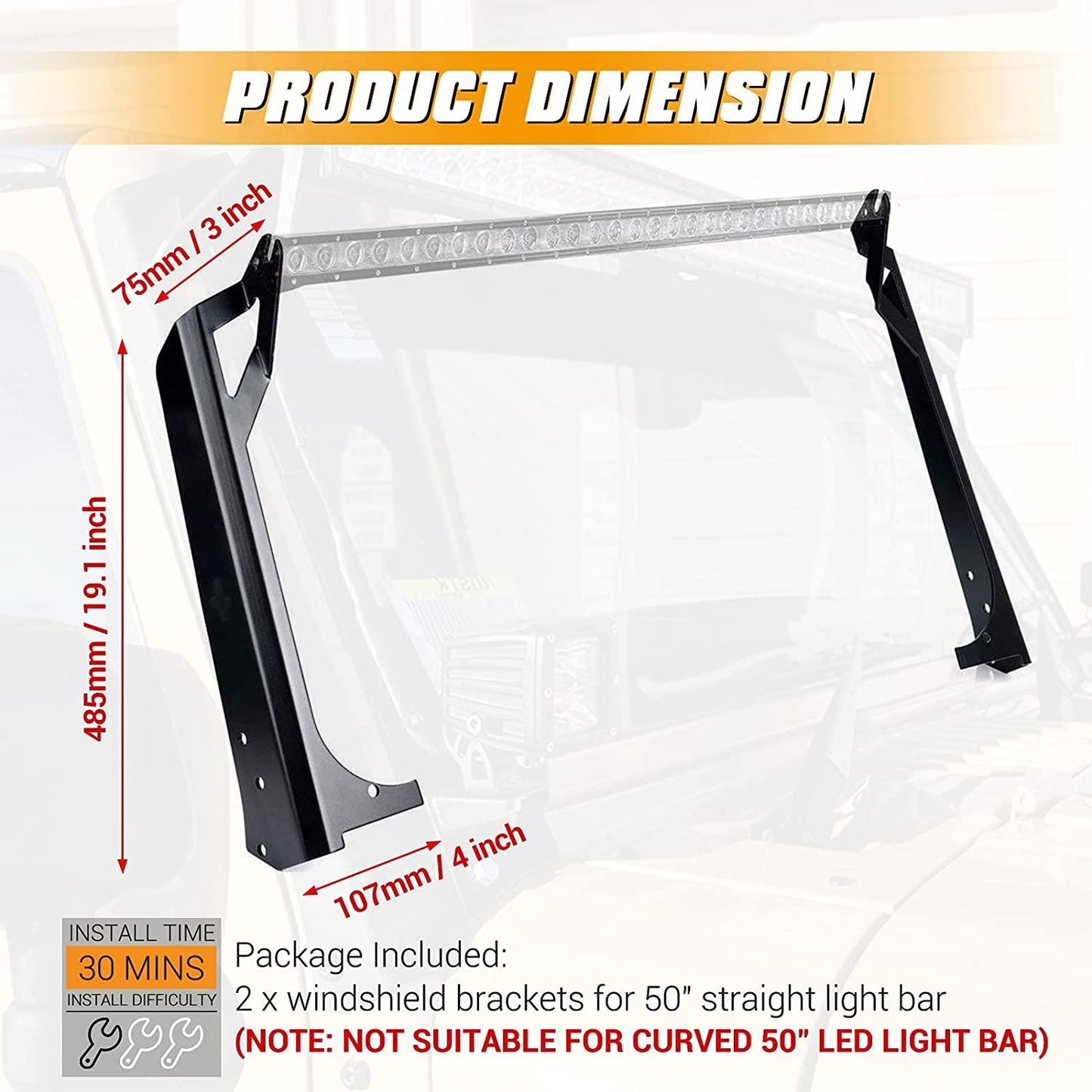 50" Straight Light Bar Windshield Mounting Brackets for 1997-2006 Jeep Wrangler TJ