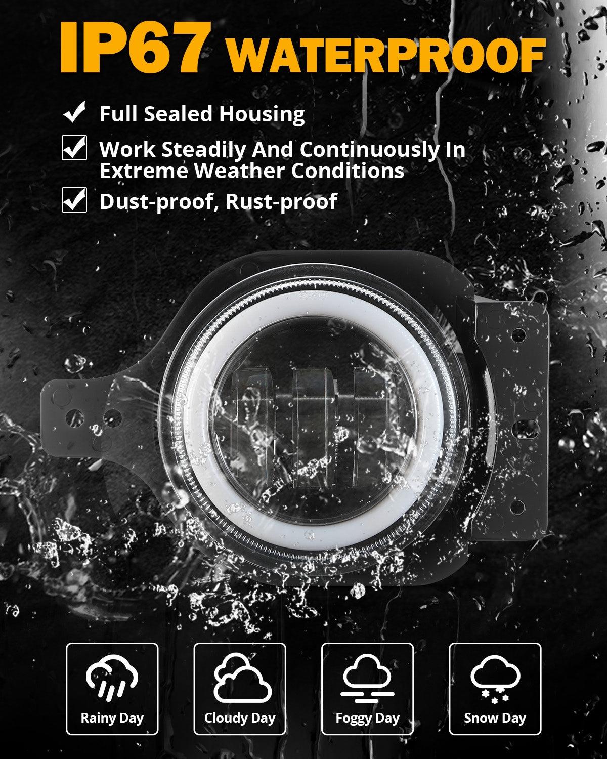 مصابيح ضباب LED مُحسّنة مقاس 4 بوصات مع حلقة هالة RGB وضوء إشارة انعطاف، وتحكم بلوتوث لسيارة جيب رانجلر JK/JL 2018-2024 