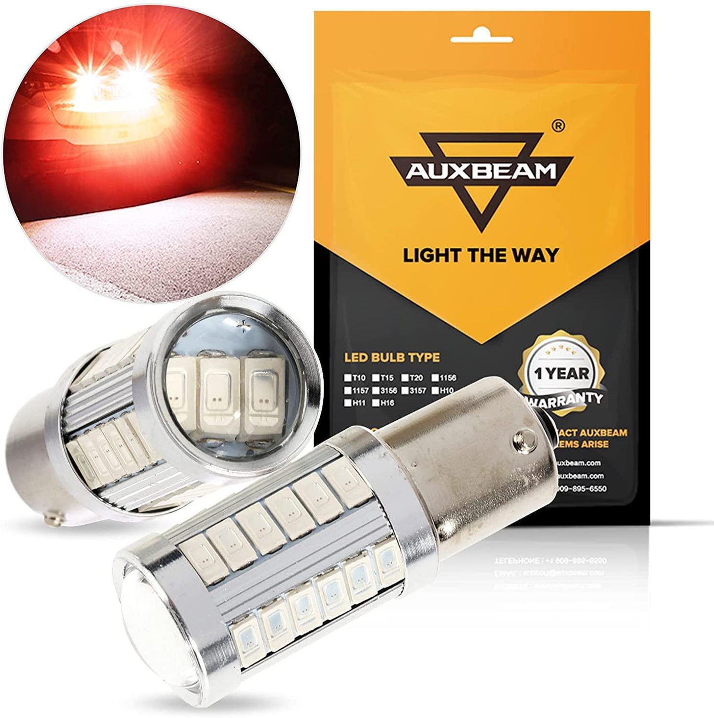 مصابيح LED ١١٥٦ P21W BA15S للفرامل/الرجوع/الركن/المؤخرة/إشارة الانعطاف، ٥٠ واط، ٨٠٠٠ لومن، أبيض بارد/كهرماني/أحمر، سلسلة ٣٣ | مصباحان