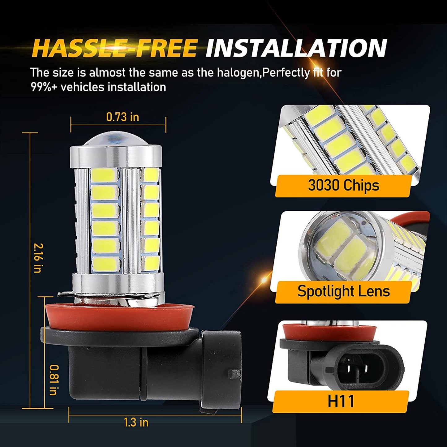 مصابيح ضباب LED H11 H9 H8 H16JP/DRL، 50 واط، 4000 لومن، 6500 كلفن، بيضاء، سلسلة 33LED | مصباحان