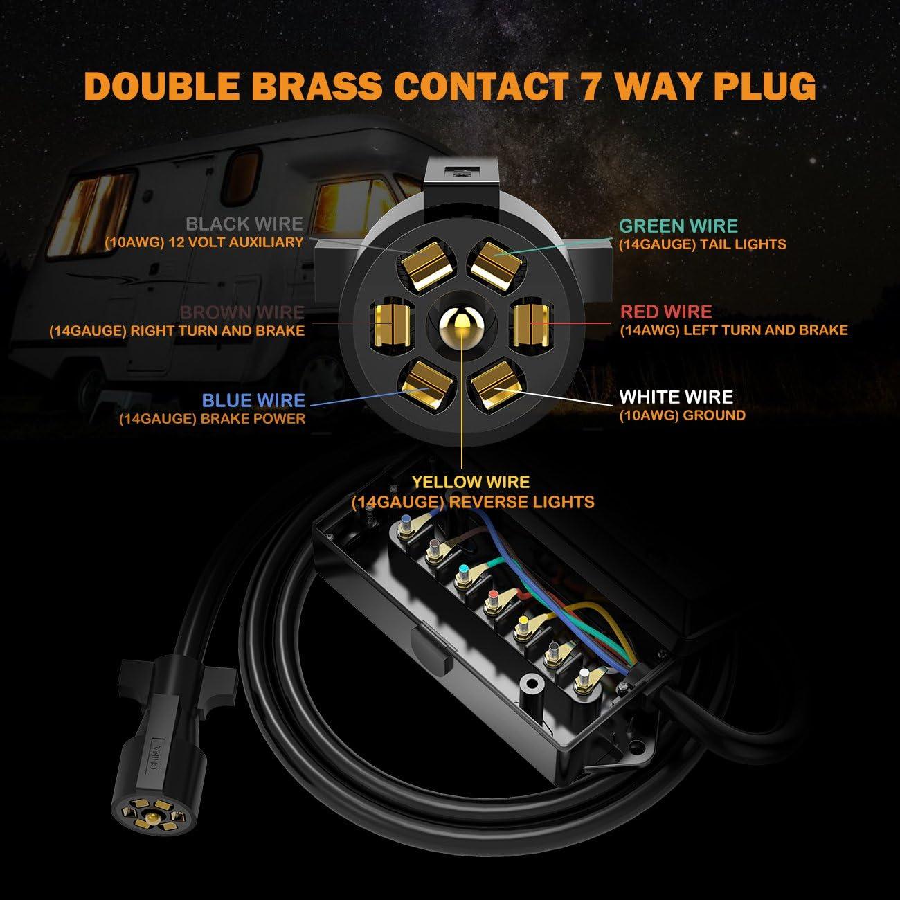 7 Way Trailer Cord, 7 Pin Trailer Plug with 7 Gang Junction Box, 8 Feet Trailer Connector Cable Wiring Harness with Waterproof Junction Box for RV Trailer Truck Camper Caravans Food Vans