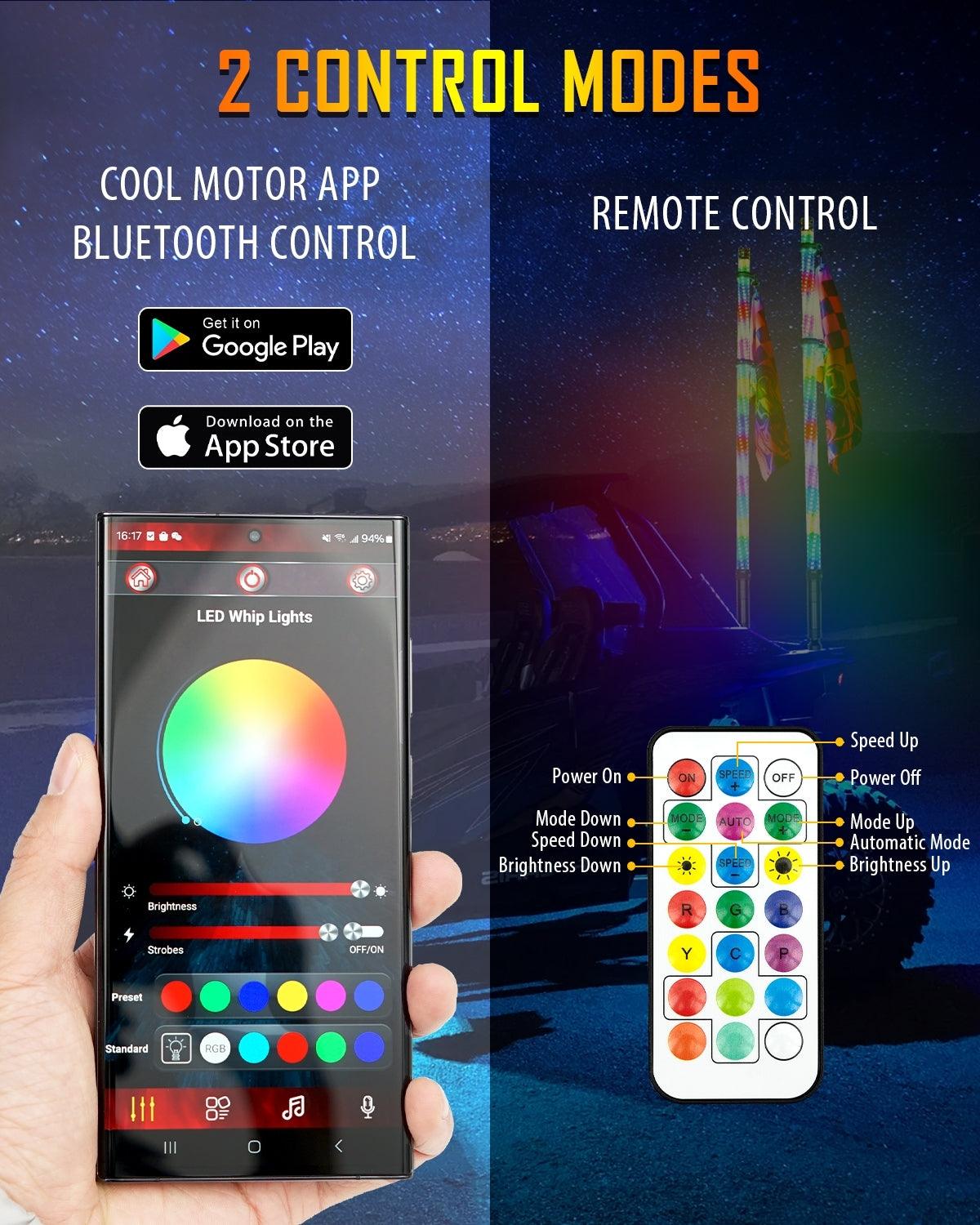 New LED RGB Whip Lights with Turn Signal & Brake Light, Bluetooth APP/ Remote Control