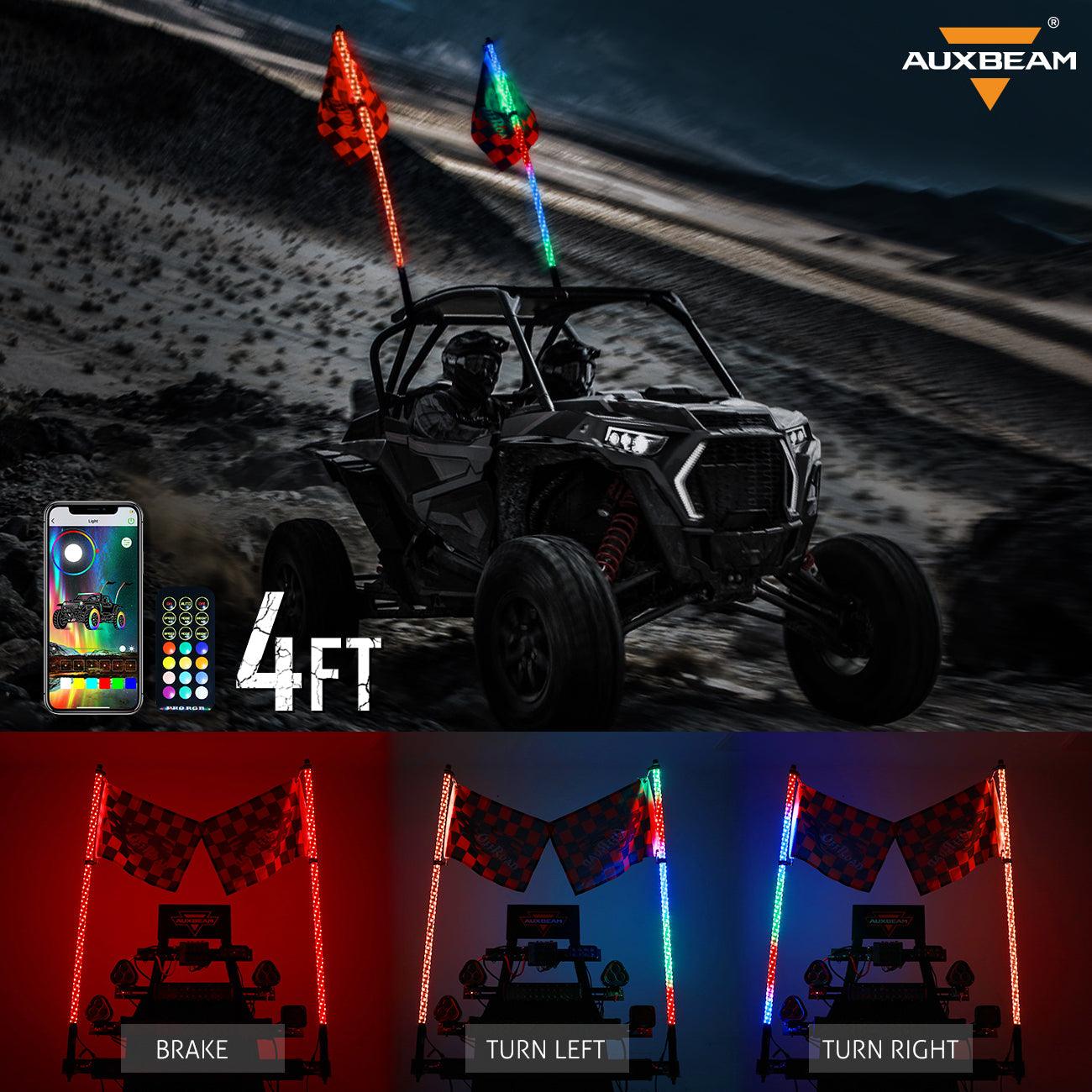 3FT/4FT LED RGB Whip Lights with Bluetooth/ Remote Controlled & Black Universal Flagpole Light Mount  for all UTVs with 1.75" to 2" Roll Cage