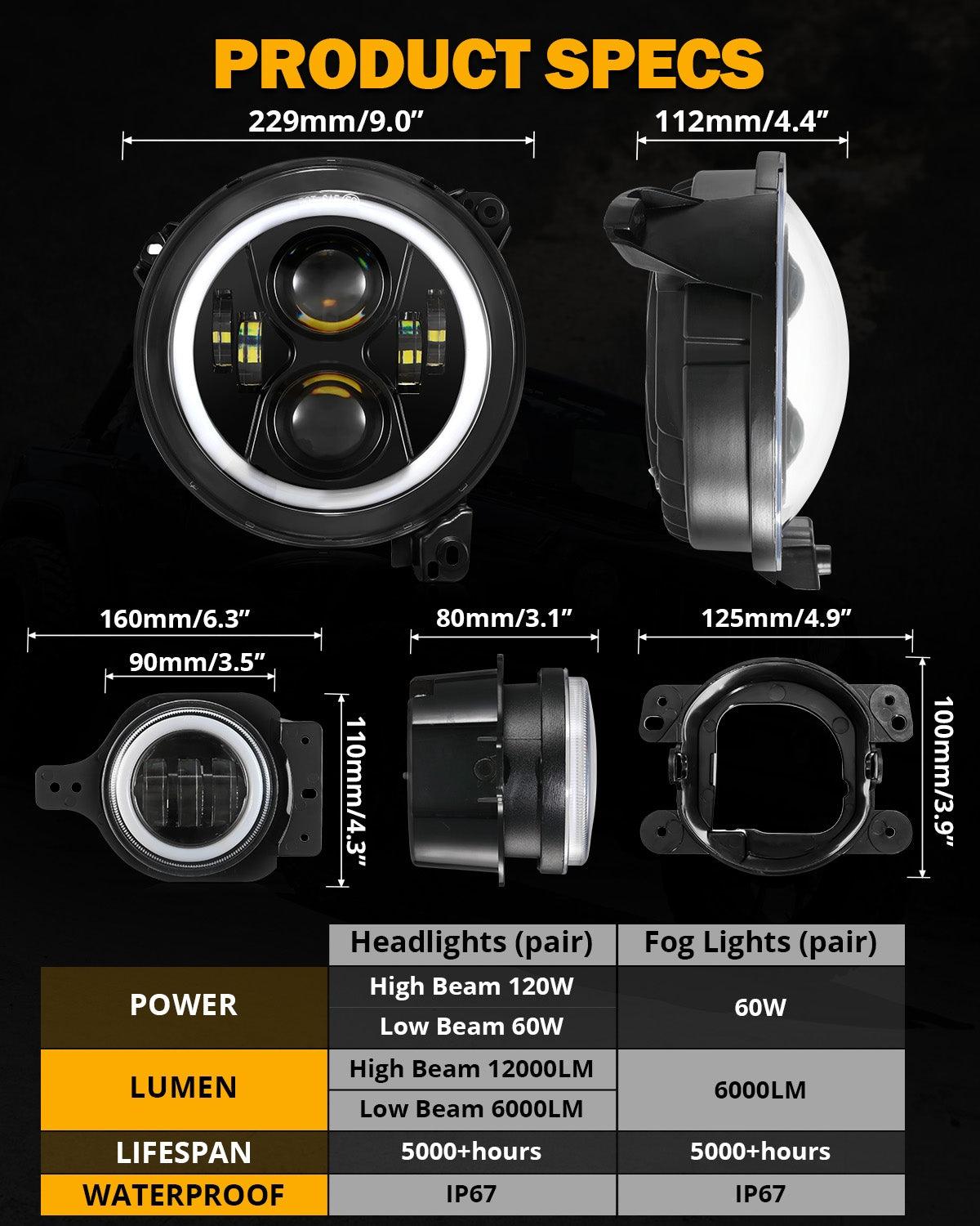 مجموعة مصابيح أمامية RGB مُحسّنة مقاس 9 بوصات + مصابيح ضباب مقاس 4 بوصات لسيارة Jeep Wrangler JL مع التحكم عبر التطبيق 