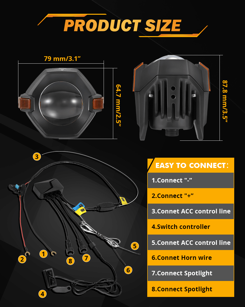 🆕3 Inch Motorcycle LED Spotlight Bi-LED Projector Lens Headlight 120W Dual Color Switchback LED Work Light 3+5 Light Modes for Motorcycle SUV ATV Trucks | 2PCS/Set