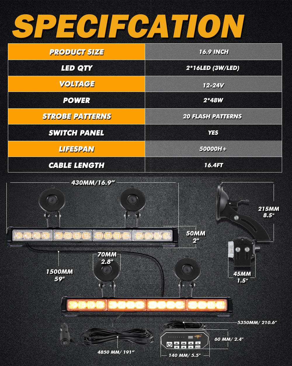 قضبان إضاءة إرشادية لحركة المرور في حالات الطوارئ، مزدوجة LED، مقاس 17 بوصة، 20 نمطًا وامضًا، مع حامل شفط للمركبات والشاحنات والسيارات الرياضية متعددة الاستخدامات والمركبات الرباعية