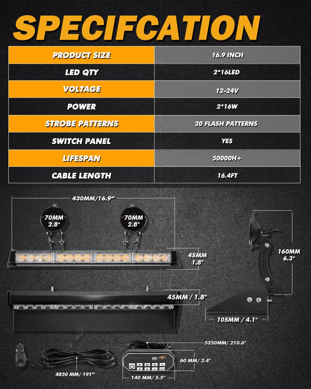 شريطان ضوئيان وامضان مقاس 17 بوصة على الزجاج الأمامي ولوحة القيادة مزودان بـ 20 نمطًا وامضًا مع حامل شفط للمركبات والشاحنات والسيارات الرياضية متعددة الاستخدامات والمركبات الرباعية