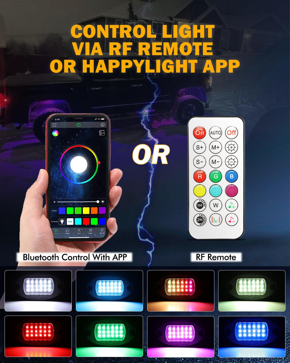 مجموعة مصابيح LED RGB Rock مع تطبيق Bluetooth وجهاز تحكم عن بعد لاسلكي، مصابيح نيون متعددة الألوان مع وظيفة ضوء الفرامل لـ ATV UTV
