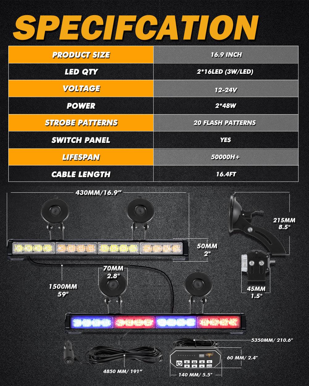 قضبان إضاءة إرشادية لحركة المرور في حالات الطوارئ، مزدوجة LED، مقاس 17 بوصة، 20 نمطًا وامضًا، مع حامل شفط للمركبات والشاحنات والسيارات الرياضية متعددة الاستخدامات والمركبات الرباعية
