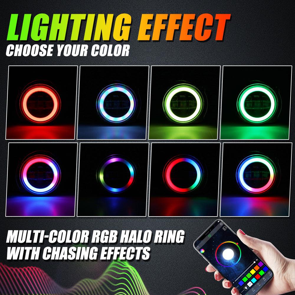 (قطعتان/مجموعة) مصابيح ضباب LED مقاس 4 بوصات مع حلقة هالة RGB وضوء إشارة الانعطاف، تحكم بلوتوث لسيارة جيب رانجلر JK 2007-2017 
