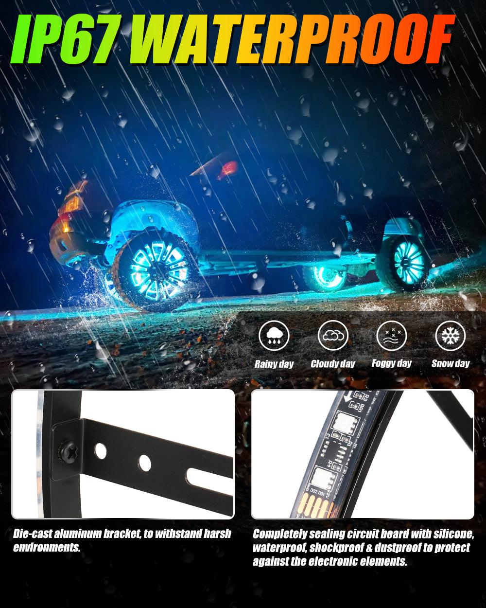 (4 قطع/مجموعة) مصابيح حلقة عجلة LED RGB مقاس 15.5 بوصة ضوء نيون سحري ملون مع تطبيق وجهاز تحكم عن بعد RF