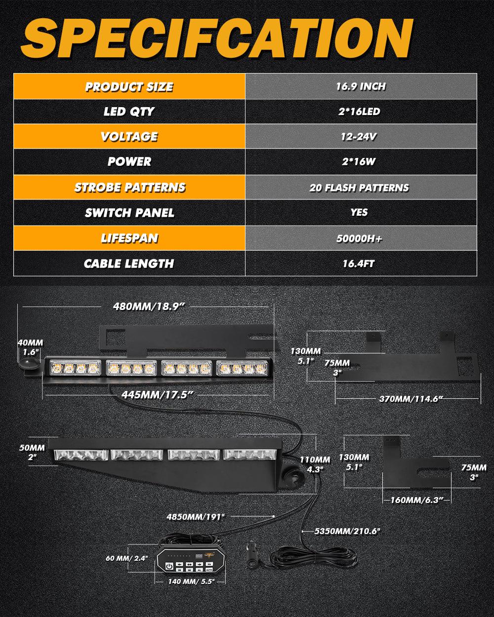 شريط ضوء ستروب كهرماني مزدوج الواقي مقاس 17 بوصة مع 20 نمطًا وامضًا مع لوحة تحكم للمركبات والشاحنات والسيارات الرياضية متعددة الاستخدامات والسيارات رباعية الدفع