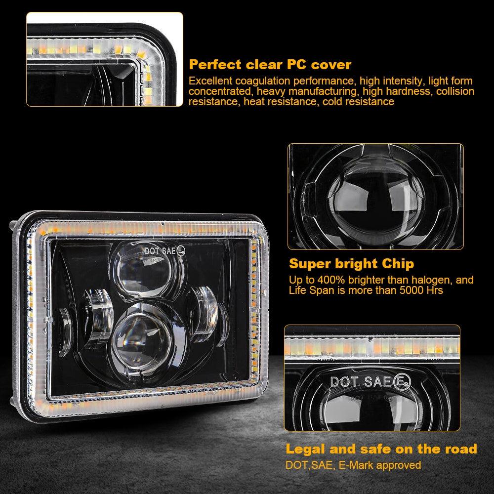 (2PCS/SET) 4x6" Sealed Beam LED Headlight with Hi-Lo Beam &amp; DRL Amber Turn Signal Light