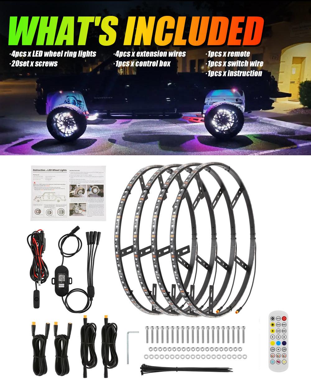 (4 قطع/مجموعة) مصابيح حلقة عجلة LED RGB مقاس 15.5 بوصة ضوء نيون سحري ملون مع تطبيق وجهاز تحكم عن بعد RF
