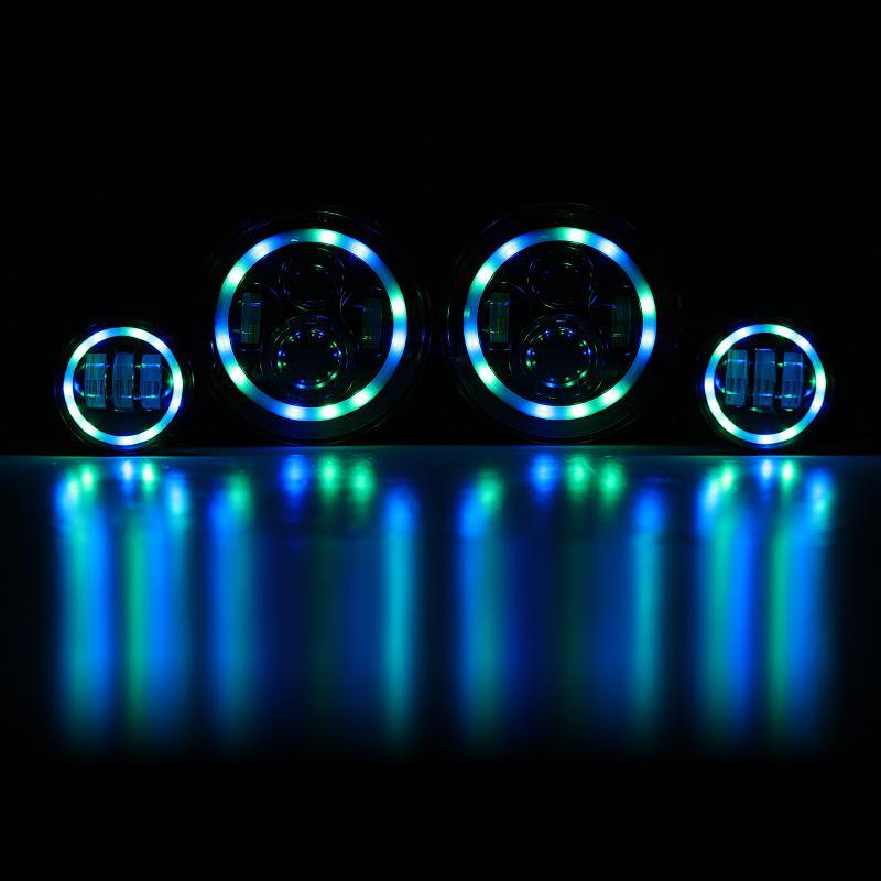 RGB 7 Inch Headlight + 4 Inch Fog Light Combo for Jeep Wrangler JK TJ LJ CJ 1997-2018, Bluetooth Multi-color