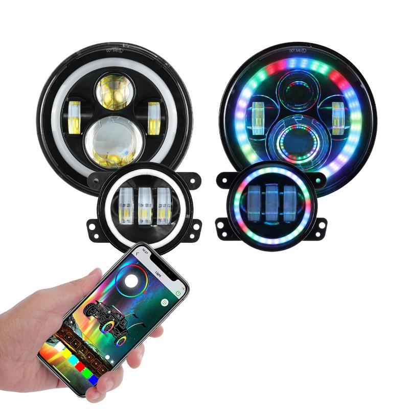 RGB 7 Inch Headlight + 4 Inch Fog Light Combo for Jeep Wrangler JK TJ LJ CJ 1997-2018, Bluetooth Multi-color