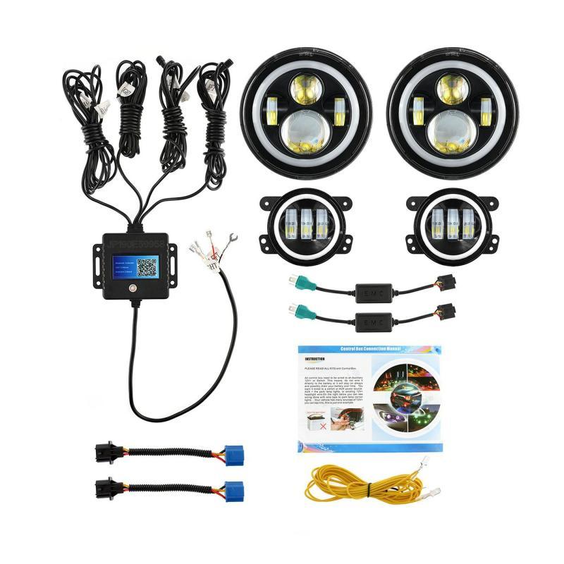 RGB 7 Inch Headlight + 4 Inch Fog Light Combo for Jeep Wrangler JK TJ LJ CJ 1997-2018, Bluetooth Multi-color