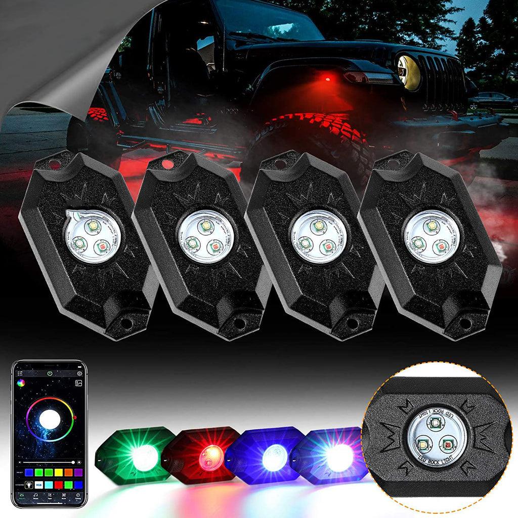 2Pcs 4FT RGB LED Whip Lights with Turn Signal & Brake Light + RGB LED Rock Lights Set with Bluetooth Controlled