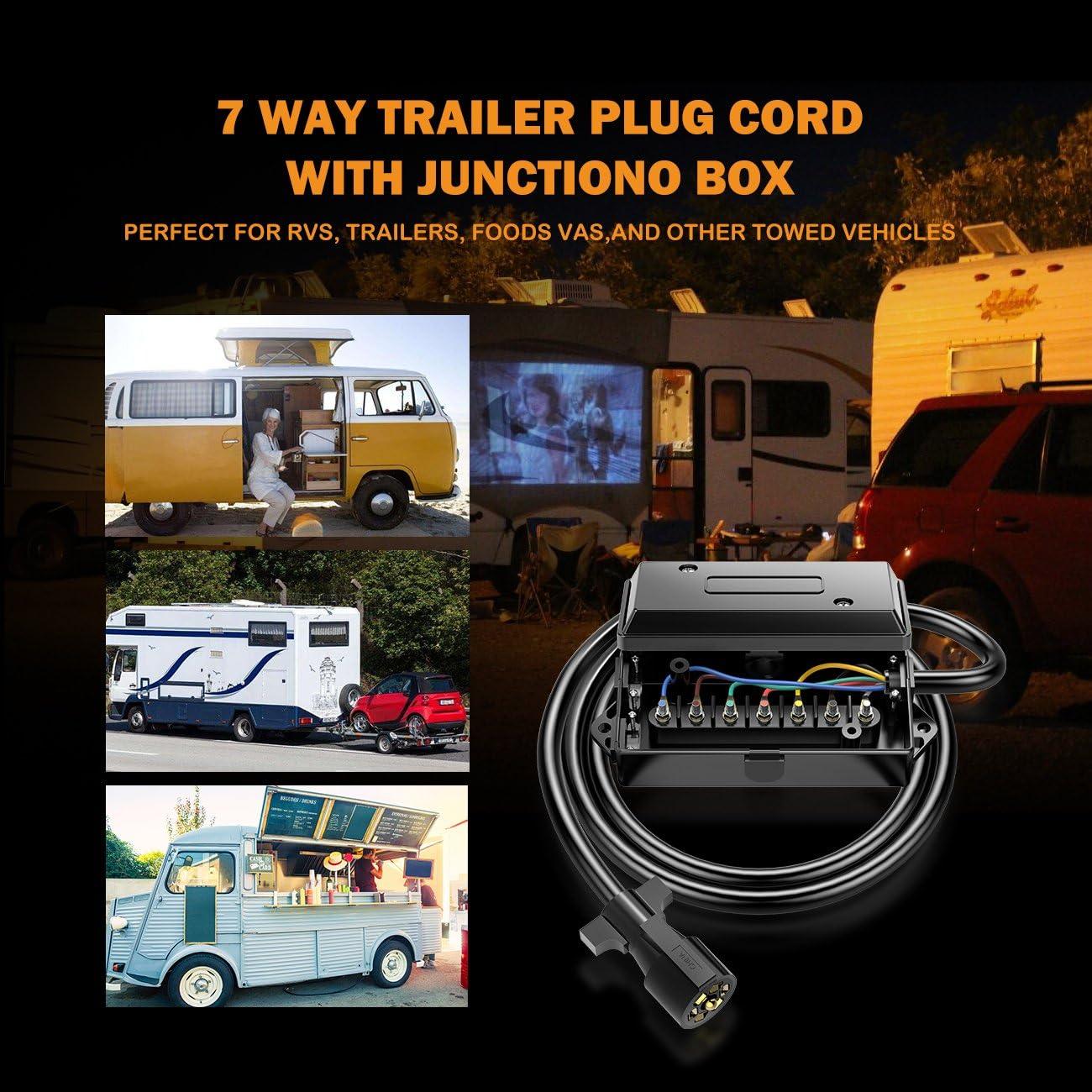 7 Way Trailer Cord, 7 Pin Trailer Plug with 7 Gang Junction Box, 8 Feet Trailer Connector Cable Wiring Harness with Waterproof Junction Box for RV Trailer Truck Camper Caravans Food Vans