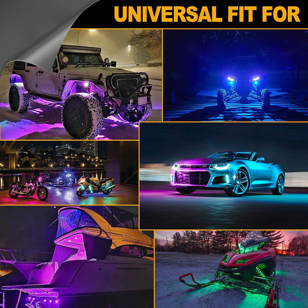 2Pcs 4FT RGB LED Whip Lights with Turn Signal & Brake Light + RGB LED Rock Lights Set with Bluetooth Controlled