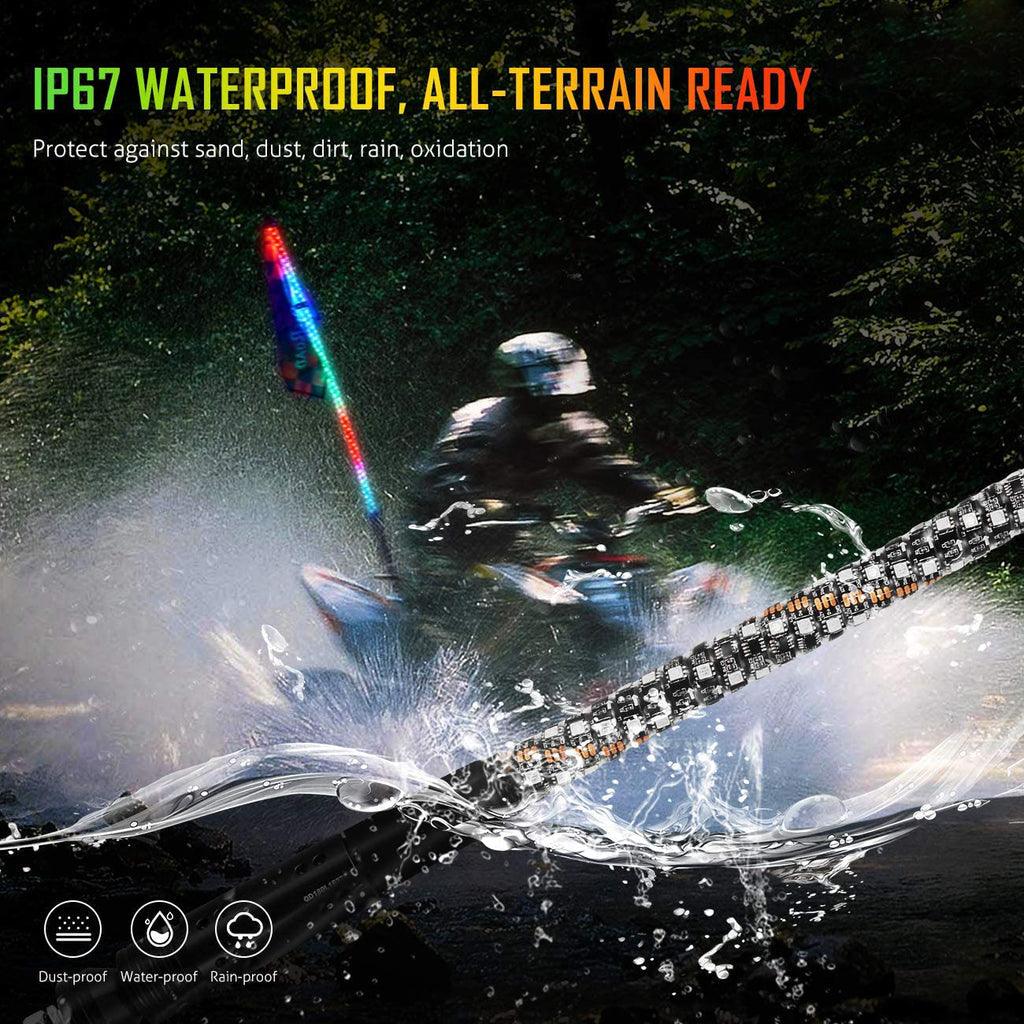 2Pcs 3FT RGB LED Whip Lights with Turn Signal & Brake Light + RGB LED Rock Lights Set with Bluetooth Controlled