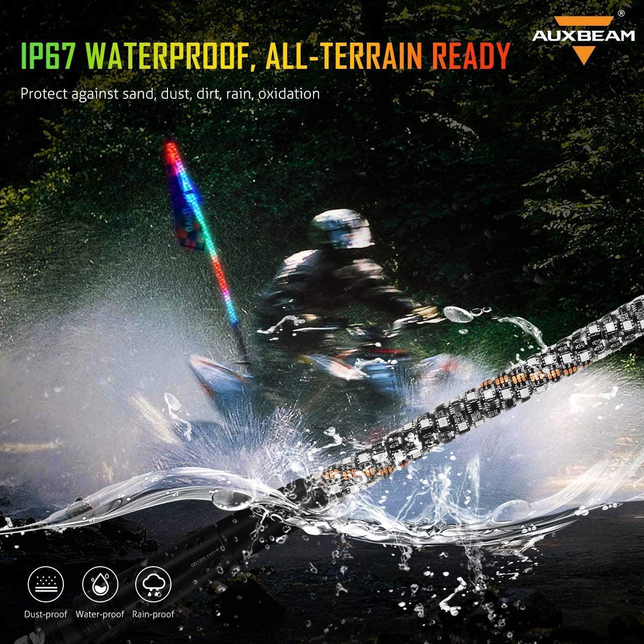 أضواء سوط LED RGB بطول 3 أقدام/4 أقدام مزودة بتقنية البلوتوث/التحكم عن بُعد + حوامل تثبيت أضواء سوط لمركبات UTV وATV والمركبات على الطرق الوعرة