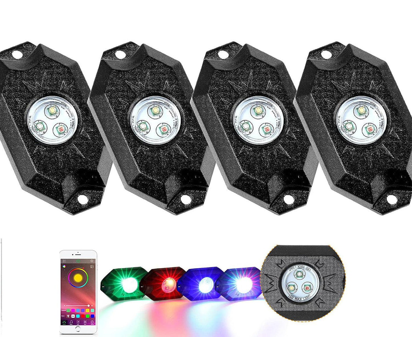 4Pcs RGB LED Rock Light Set with Bluetooth Controller