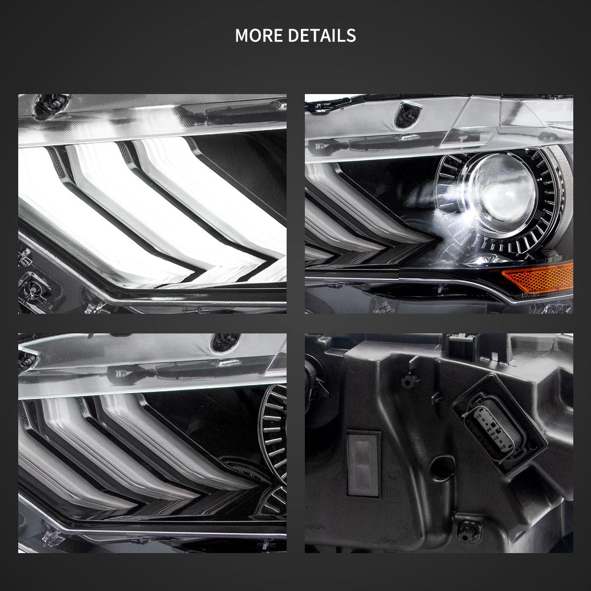 مجموعة مصابيح أمامية LED مزدوجة الشعاع باللون الأسود لسيارة فورد موستانج الجيل السادس المحدثة موديلات 2018-2024