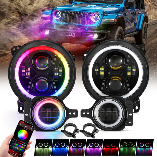 Upgraded RGB 9 Inch Headlights + 4 Inch Fog Lights Combo for Jeep Wrangler JL with APP Control 