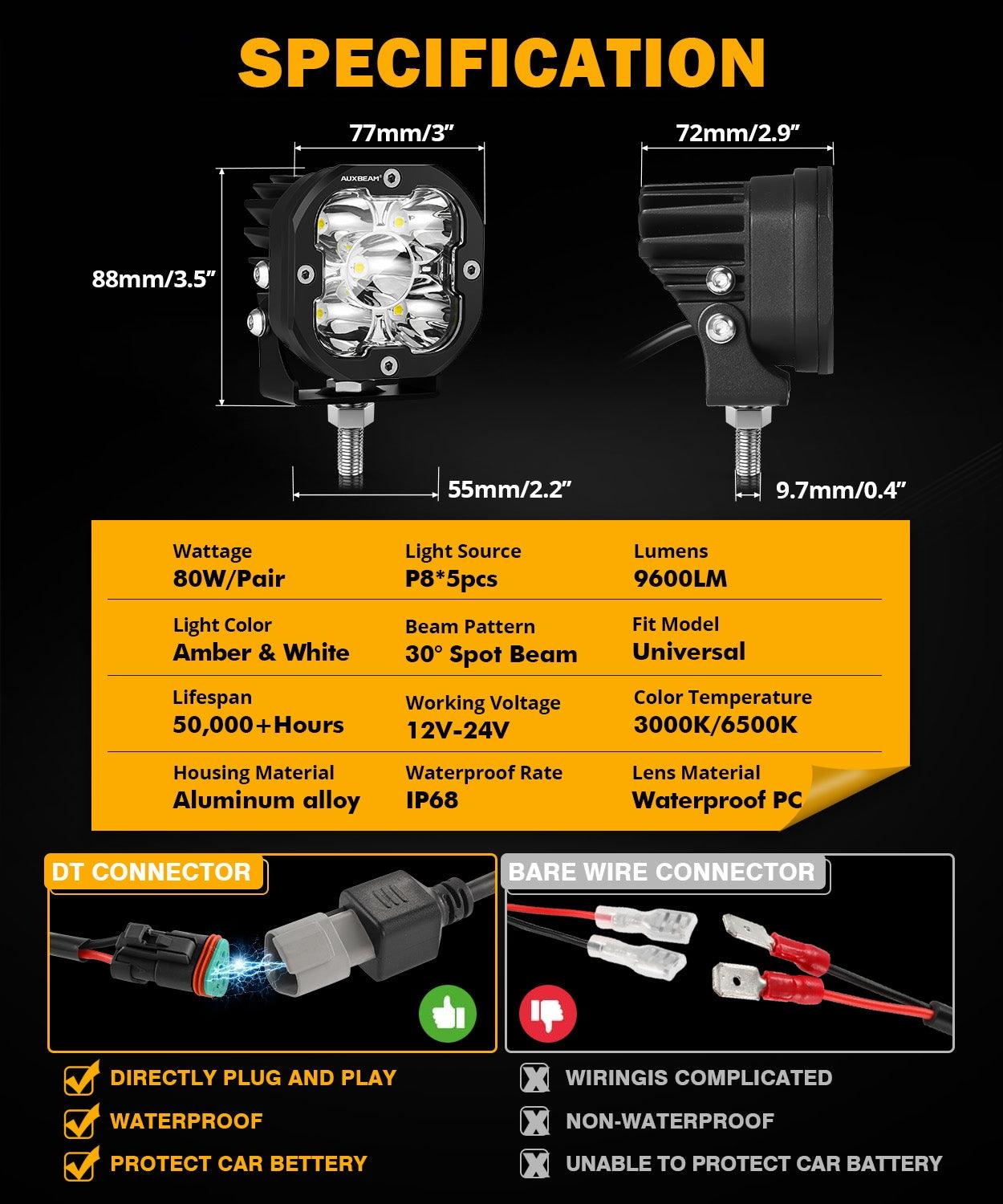 XP-ULTRA Series 3 Inch 80W Spot Beam LED Pods Amber&White Offroad Lights - Auxbeam  – éclairage LED auto