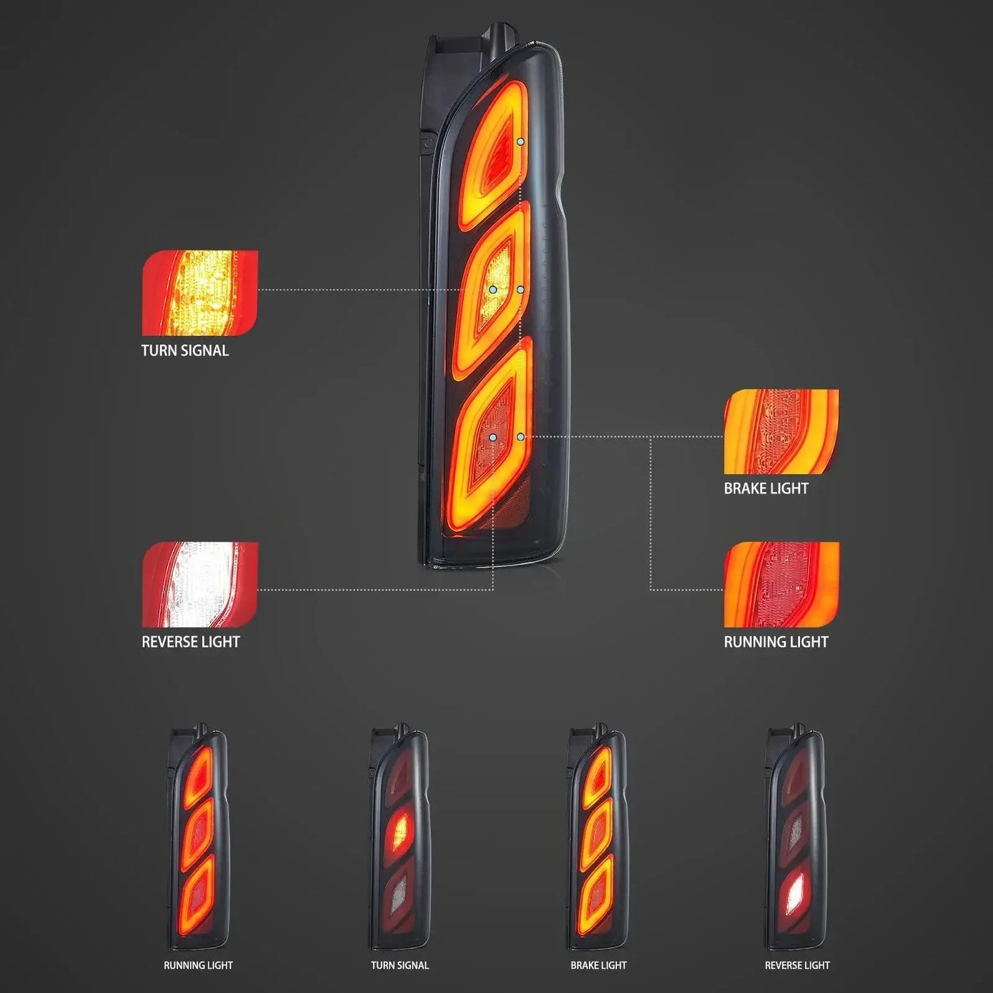 مجموعة مصابيح خلفية LED مع أضواء نهارية متحركة لسيارة تويوتا هايس الجيل الخامس (H200) موديلات 2005-2018