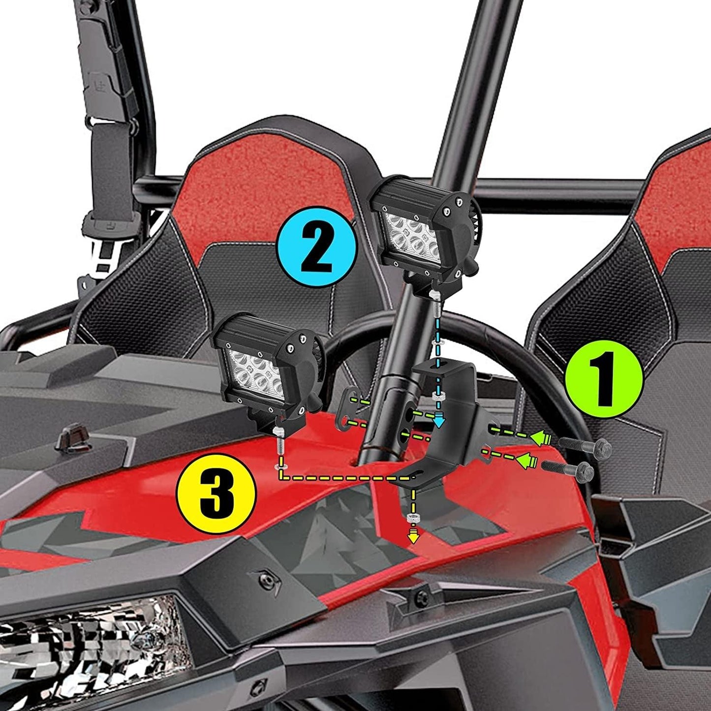 4 inch LED Pod Lights&Double-layer Pillar Mounting Bracket for 14-21 Polaris RZR XP 1000, 15-19 Polaris RZR 900