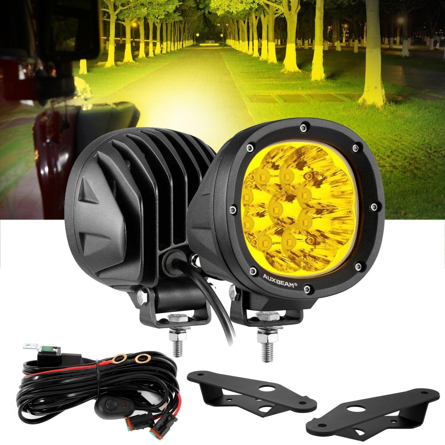 4 Inch 90W Round Yellow Spot LED Driving Lights with Dual A-Pillar Mounting Bracket For Ford Bronco 2/4 Door 2021 2022 - Auxbeam  – éclairage LED auto