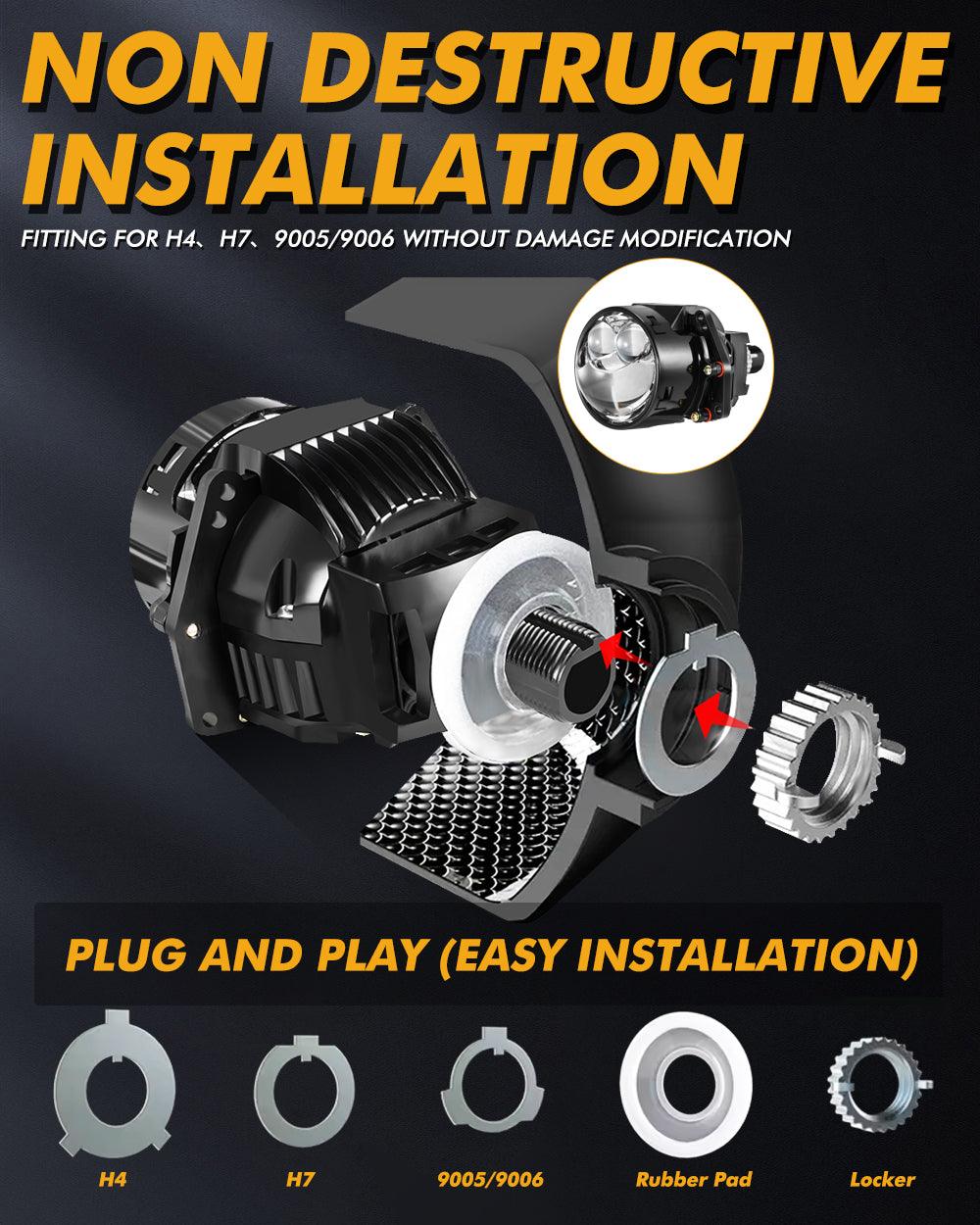 3 Inch 136W 6000K Double Hyperboloid Bi-LED Projector Lens Headlight Non-Destructive Installation Projector Lens for Car | 2PCS/Set