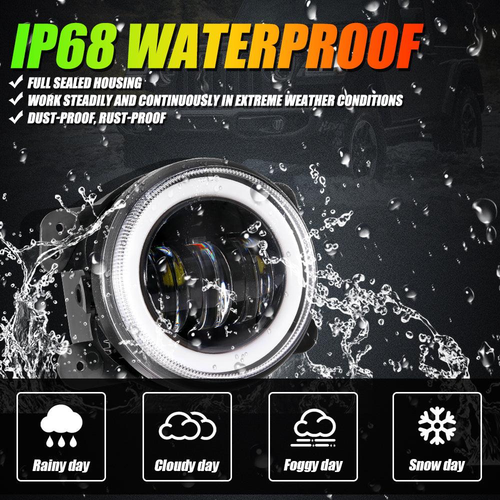 (قطعتان/مجموعة) مصابيح ضباب LED مقاس 4 بوصات مع حلقة هالة RGB وضوء إشارة الانعطاف، تحكم بلوتوث لسيارة جيب رانجلر JK 2007-2017 