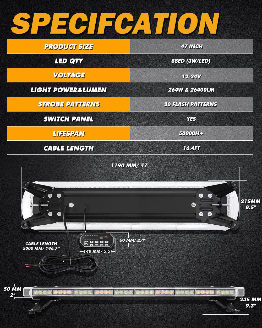 47 Inch Rooftop Strobe Flashing Light Bar with Mounting Brackets 20 Flashing Modes Emergency Safety Warning Caution Beacon Lights