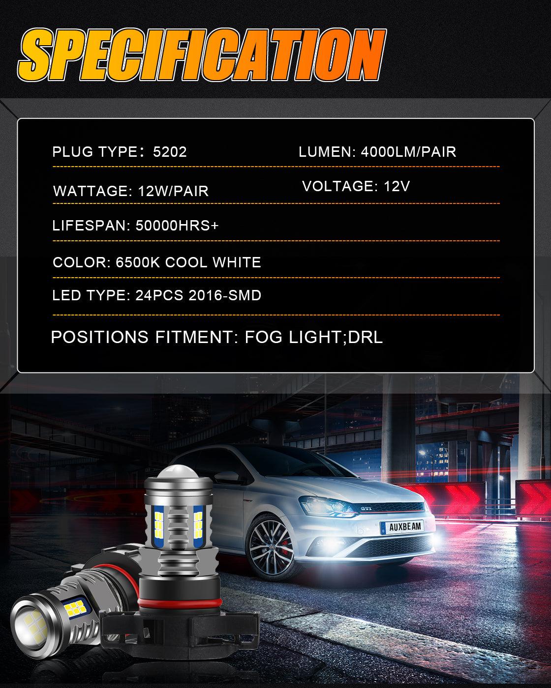 (قطعتان/مجموعة) سلسلة Y2 من مصابيح الضباب LED ثلاثية الجوانب باللون الأبيض البارد/الأصفر الذهبي/النهاري 5202/5201/PS24W/H16EU