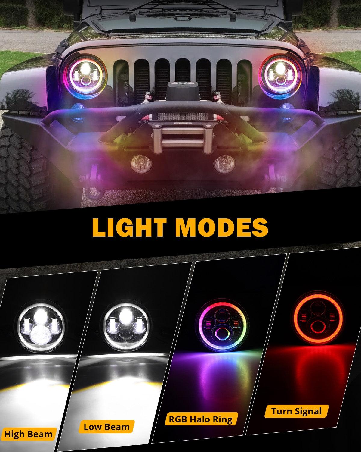 Upgraded 7 Inch Round LED Headlight with RGB Halo Ring for Jeep Wrangler JK TJ LJ 