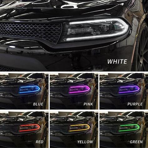 مجموعة مصابيح أمامية LED بنمط RGB مع جهاز عرض مزدوج الشعاع باللون الأسود لسيارة Dodge Charger الجيل السابع (LD) موديلات 2015-2023